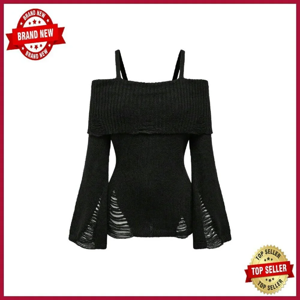 Cold Shoulder Ripped Sweater Long Sleeve Pullover Gothic Y2K